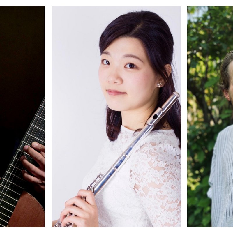 [Translate to English:] Daniel Galindo, Gitarrre; Hazuki Kono, Querflöte; Michael Kock, Percussion u. Communitiy Musician